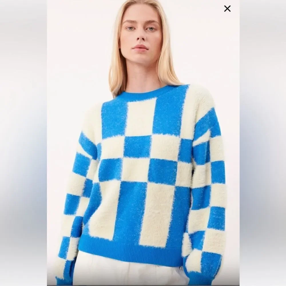 FRNCH Lio Cozy Fuzzy Sweater Blue White Abstract Colorblock Size Small